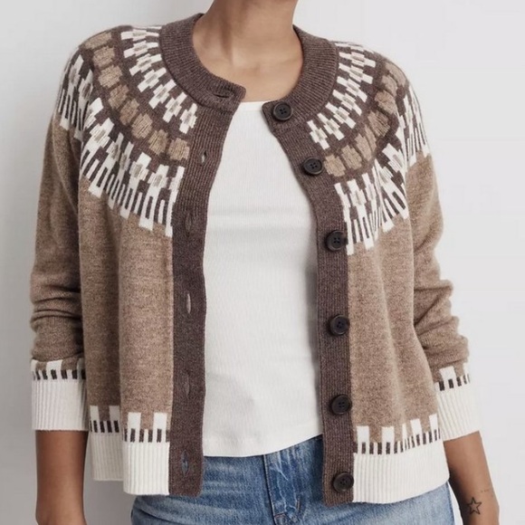 Madewell Sweaters - Madewell Fair Isle Brown and White Cardigan Sweater